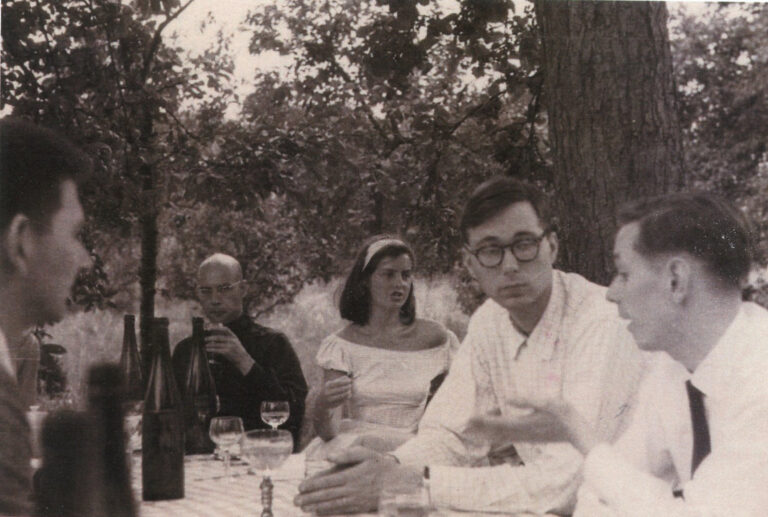 Mr. Thom, Mr. Grothendieck, Mrs. von Viereck, Mr. Milnor and Mr. Dombrowski at the Arbeitstagung 1958. MPIM Bonn